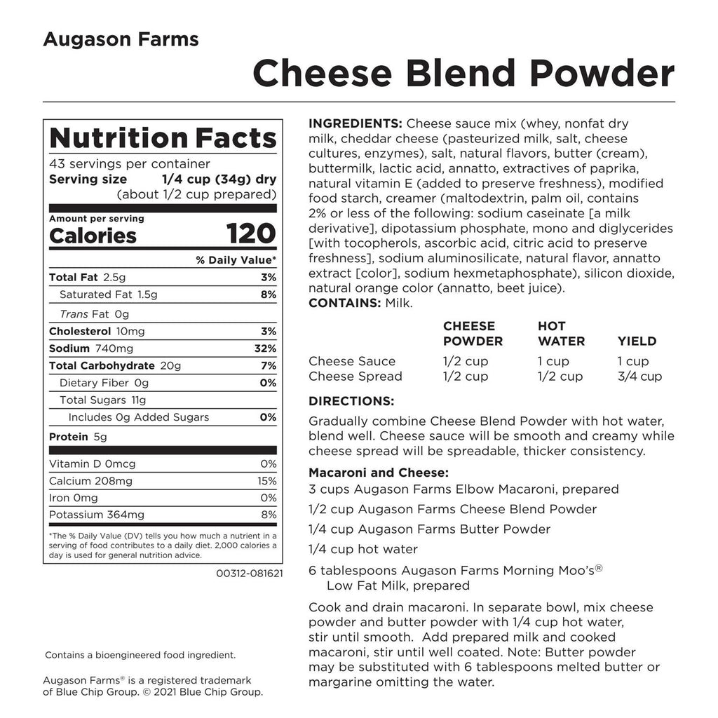 Augason Farms Cheese Blend Powder Certified Gluten Free Long Term Food Storage Everyday Meal Prep Large Can